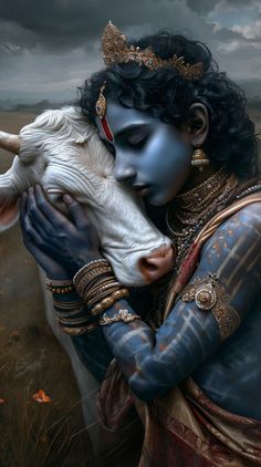 a painting of a woman holding a cow with her face painted in blue and gold