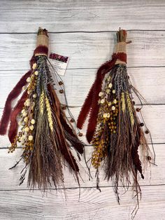 two brown and red feathers hanging on a wall