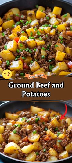 ground beef and potatoes in a skillet with the words ground beef and potatoes above it