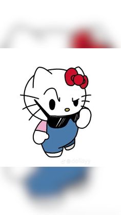 an image of hello kitty with a red bow on her head and blue overalls