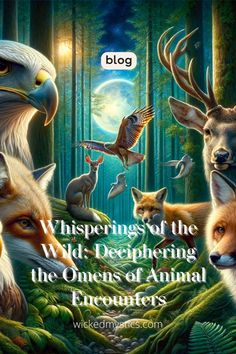 an image of some animals and birds in the woods with words that read whisperings of the wit - dephering, the ones of animal encounters