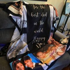 a blanket that has pictures on it with the words for the best dad in the world