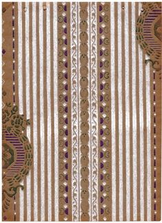 a brown and white striped wallpaper with an ornate design on the bottom half of it