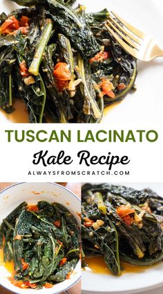 the recipe for tuscann lacinato kale is shown in three different pictures