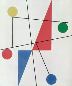 an abstract painting with lines, circles and shapes in red, blue, green, yellow, and black