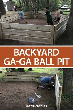 backyard ga - ga ball pit with kids playing in the background and text overlay that says backyard ga - ga - ga - ball pit