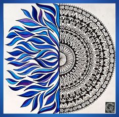 an artistic drawing with blue and black ink on white paper, in the shape of a sunflower