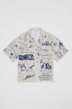 DOMREBEL DRAWINGS OF BEARS IN IRONIC AND PLAYFUL SITUATIONS ARE PRINTED THROUGHOUT THIS RELAXED-FIT CAMP COLLAR SHIRT ON A MEDIUM WEIGHT TWILL FABRIC. THE COMICS AND CHARACTERS ARE PULLED DIRECTLY FROM THE DOMREBEL ART COLLECTIVE'S SKETCHBOOKS, WHICH ARE FILLED WITH PLAYFUL DRAWINGS AND ILLUSTRATION DRAFTS. DETAILS Composition: 70% Rayon 30% Tencel Spot-clean and hand-wash SIZE & FIT Relaxed fit Model is 6'0" and is wearing size L Drawings Of Bears, Streetwear Design Inspiration, Camp Collar Shirt, Bear Drawing, Streetwear Collection, Shirt Print Design, Brand Shop, Made In Heaven, Short Sleeve Shirts