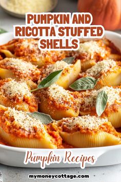 pumpkin and ricotta stuffed shells in a casserole dish with text overlay