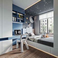 a bedroom with blue and white walls, wooden flooring and an illuminated clock on the wall