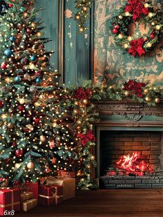 Christmas Faded Victorian Photography Backdrop - Victorian-style Christmas backdrop with a decorated tree Notion Christmas, Vintage Christmas Background, Vintage Victorian Christmas, Green Screen Backdrop, Victorian Christmas Decorations, Victorian Christmas Tree, Victorian Photography, Elegant Background, Brick Backdrops