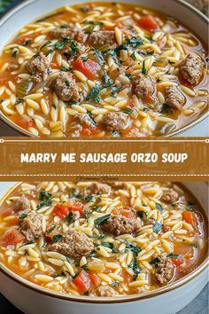 two pictures of soup with meatballs and pasta in it, one has tomato sauce and the other has sausage