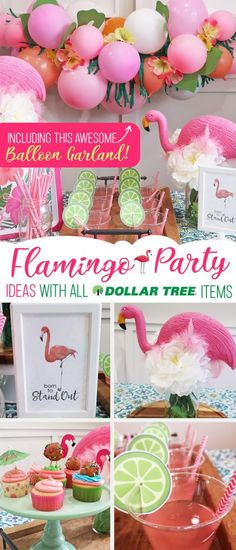 flamingo themed party with pink, green and white decorations including cupcakes, lemonade