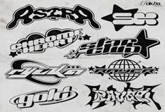 various stickers are shown in black and white