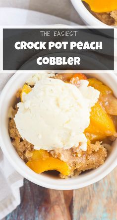 two bowls filled with crock pot peach cobbler on top of a wooden table