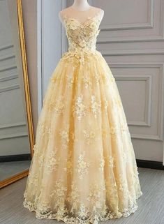 High Quality Lace Yellow Long Party Gown, A-line Evening Dress Yellow Sparkly Dress, Yellow Wedding Dress, Long Party Gowns, Yellow Evening Dresses, Yule Ball, Prom Dresses Yellow, Floor Length Prom Dresses, Graduation Dresses, Lace Formal Dress