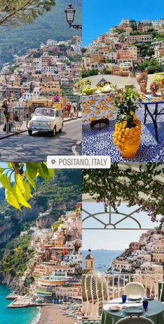 the collage shows different views of positano, italy and other places around the world