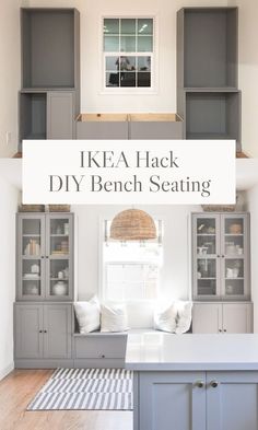 a kitchen with gray cabinets and white counter tops, the words ikea hack diy bench seating