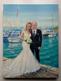 a painting of a bride and groom by the water with sailboats in the background