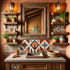 a bathroom sink sitting under a mirror next to a shelf filled with potted plants