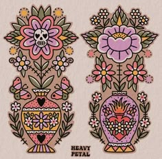 two vases with flowers and skulls on them are shown in this applique