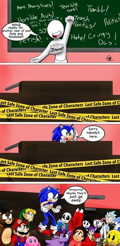 cartoon characters in front of a blackboard with words written on it and an image of sonic