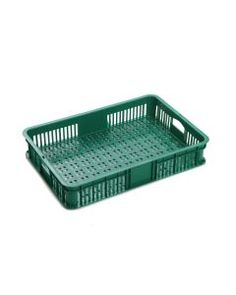 a green plastic crate sitting on top of a white background