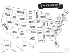 a map of the united states labeled in black and white with words that spell out cities