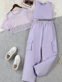 Teen Girl Cami Top & Flap Pocket Side Pants & Sheered Crop Tee Mauve Purple Casual    Plain  Non-Stretch  Teen Girls Clothing, size features are:Bust: ,Length: ,Sleeve Length: Outfit Preppy, Side Pants, Mauve Purple, Shein Outfits, Quick Outfits