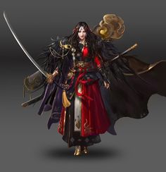 a woman dressed in black and red holding two swords with both hands on her hip