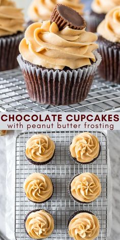 chocolate cupcakes with peanut butter frosting are on a cooling rack and in the foreground, there is an image of