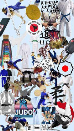 the collage shows many different types of people in martial clothing and accessories, including karate uniforms