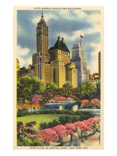 an old postcard shows the view of new york's central park and skyscrapers