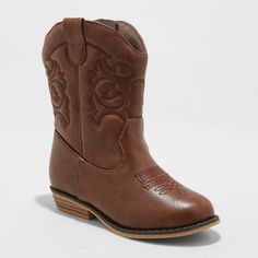 Your little cowgirl will love adding these Memphis Western Boots from Cat and Jack™ to a variety of outfits to create lots of cute country looks. These toddler western boots feature the classic cowpoke silhouette with stitched details on the upper, pointed toes, and a petite 1-inch kitten heel for just a little hint of height, but they also allow for easier on and off for little ones thanks to a full zipper on the inside of each boot. In a warm cognac brown color, these toddler cowgirl boots wil Toddler Cowgirl, Girl Cowboy Boots, Kitten Heel Boots, Plastic Heels, Nylons Heels, Toddler Boots, Cat And Jack, Girls Boots, Cat & Jack