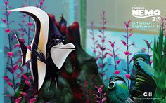 an animated penguin and fish are in the water with pink flowers around them, as well as plants