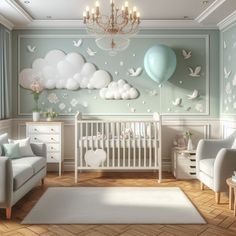 a baby's room decorated in pastel blue and white with balloons on the wall