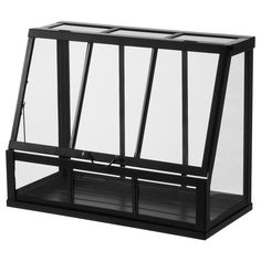 a black glass case with two windows on each side and one window open to show the inside