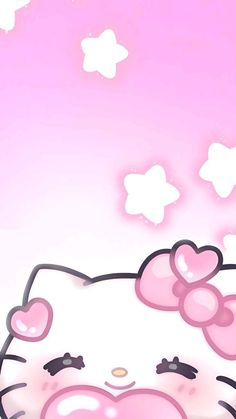 the hello kitty wallpaper is pink and has hearts on its face, as well as stars in the sky