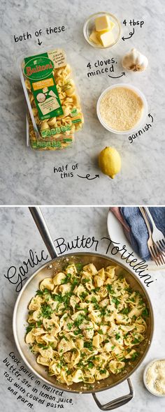 the ingredients to make this pasta dish are shown in two separate images, one is yellow and