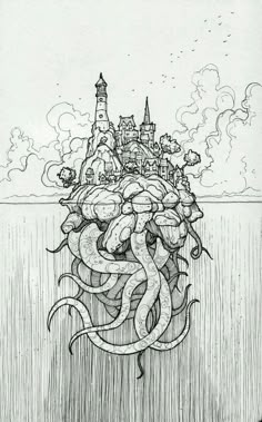 an octopus is floating in the water with a castle in the background and clouds above it