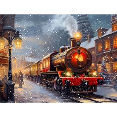 a painting of a train on the tracks in the snow with people walking around it