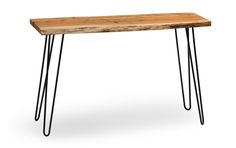 a wooden table with black hairpinks on the legs and a wood top that has been