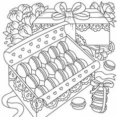 a coloring page with an open gift box filled with cookies and candies in it