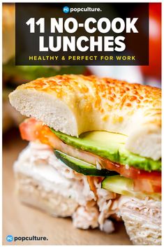 there is a sandwich with meat and veggies on it, along with the words'no - cook lunches healthy & perfect for work '