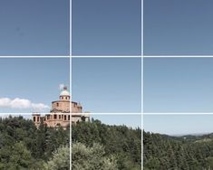 four square photos with trees in the foreground and an old building on the background