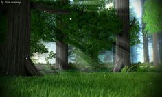 an animated forest scene with grass and trees