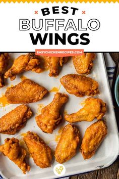 the best buffalo wings recipe on a platter with text overlay that reads, best buffalo wings