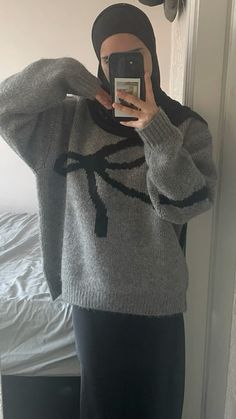 jumper and skirt from Cider <3 | outfit inspo modest outfits grey and black outfits winter outfit inspo hijabi outfit inspo bow jumper muslimah islam