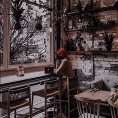 a person sitting at a table in front of a window with plants on the shelves