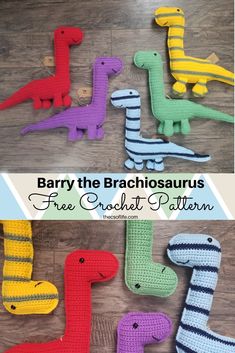 the crochet pattern for barry the brachiosauruss is shown in three different colors